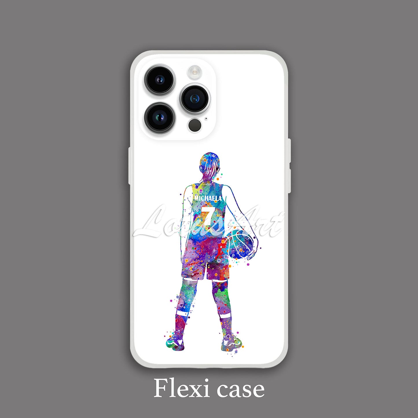 Girl basketball personalized phone case blue-purple watercolor sports art, custom name & jersey number, flexi case grey bg