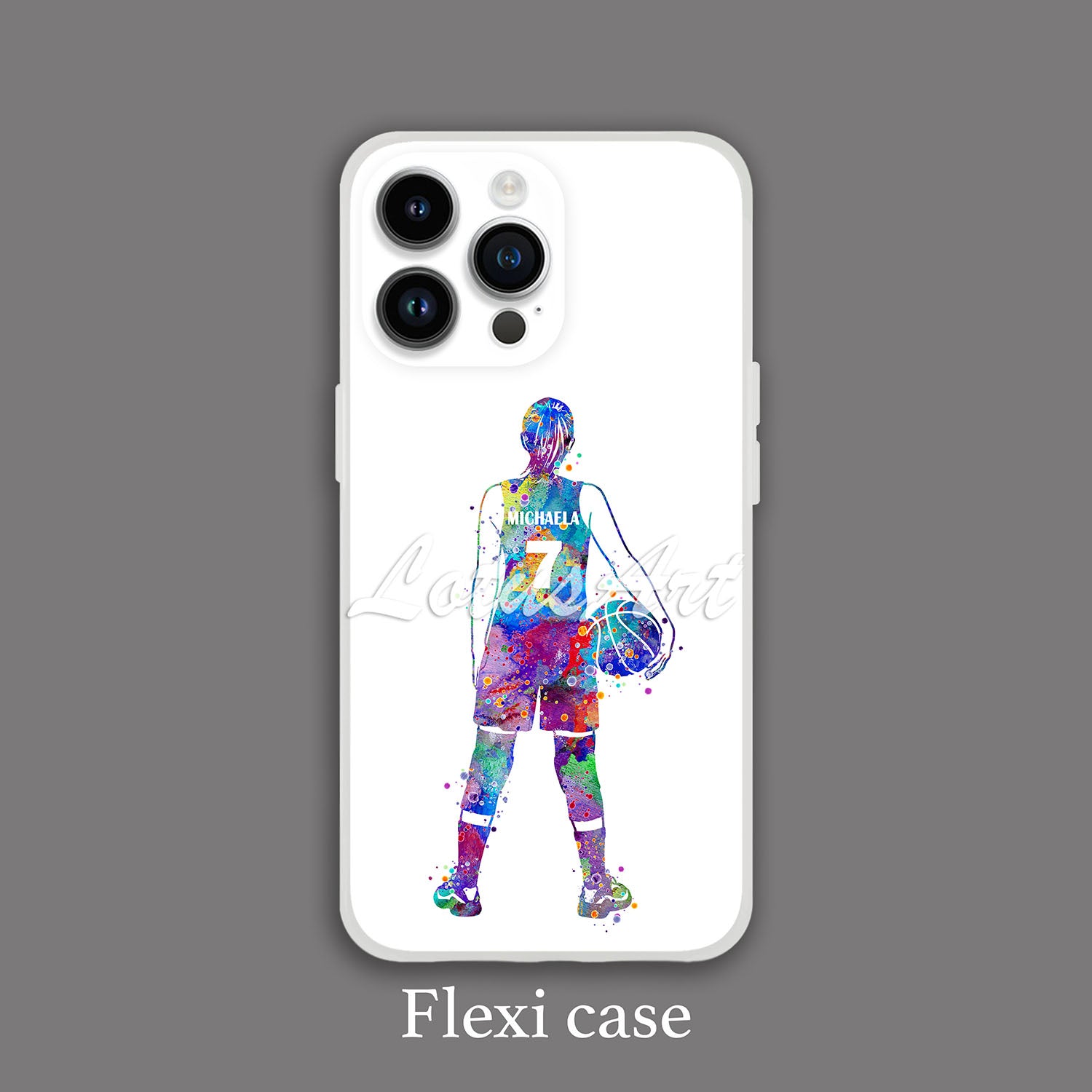 Girl basketball personalized phone case blue-purple watercolor sports art, custom name & jersey number, flexi case grey bg