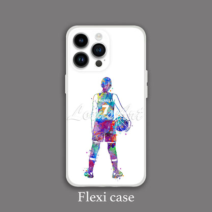 Girl basketball personalized phone case blue-purple watercolor sports art, custom name & jersey number, flexi case grey bg