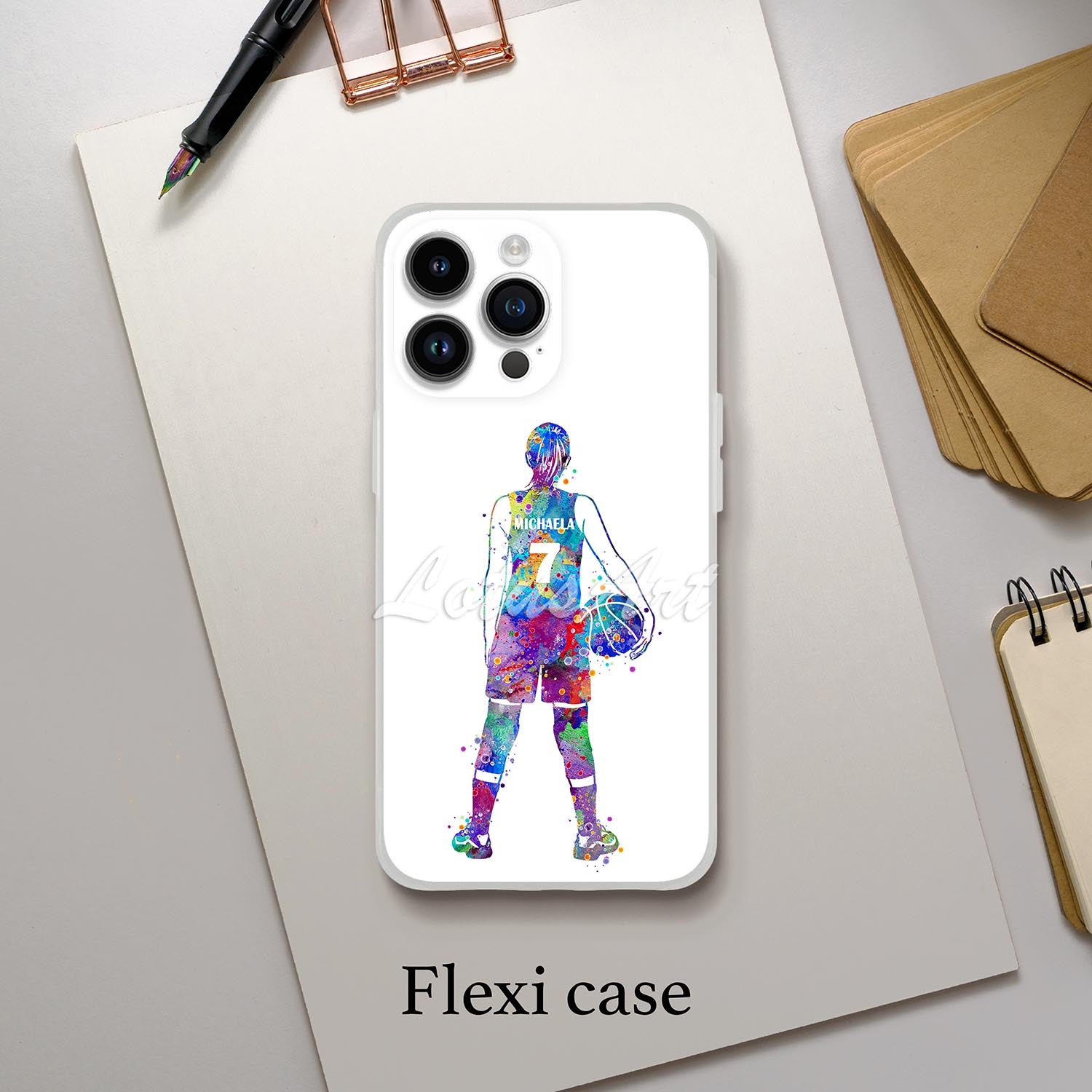 Girl basketball personalized phone case blue-purple watercolor sports art, custom name & jersey number, flexi case lifestyle