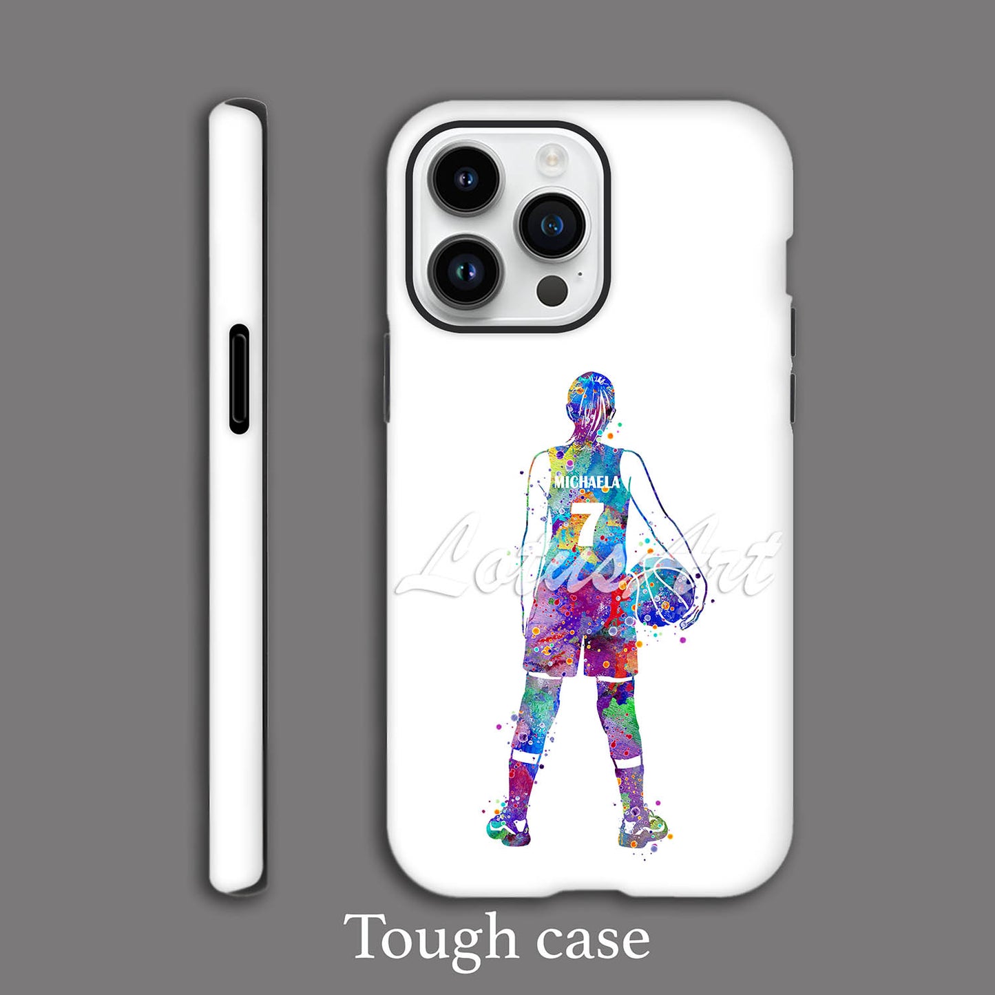 Girl basketball personalized phone case blue-purple watercolor sports art, custom name & jersey number, tough case front view