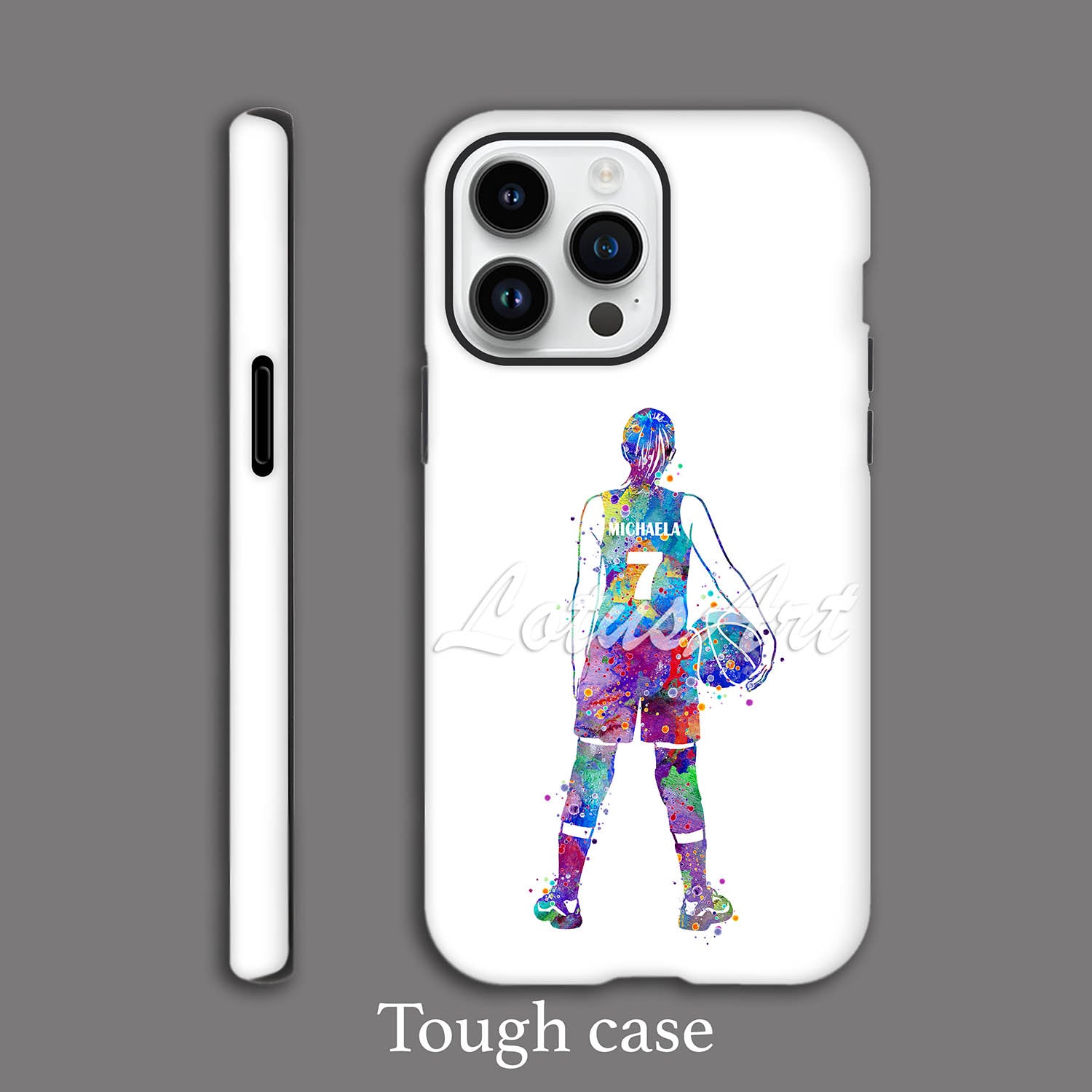 Girl basketball personalized phone case blue-purple watercolor sports art, custom name & jersey number, tough case front view