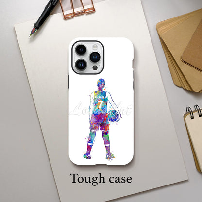 Girl basketball personalized phone case blue-purple watercolor sports art, custom name & jersey number, tough case lifestyle
