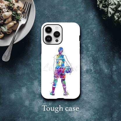 Girl basketball personalized phone case blue-purple watercolor sports art, custom name & jersey number, tough case lifestyle