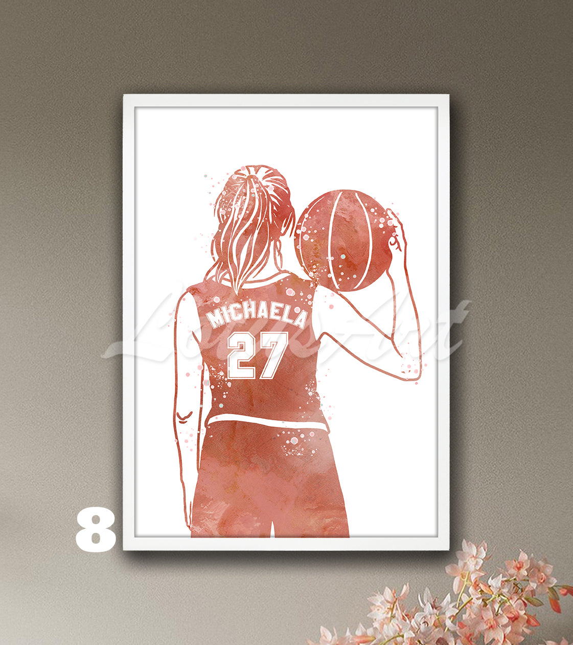 Girl basketball custom watercolor sports art in rose gold - personalized wall art