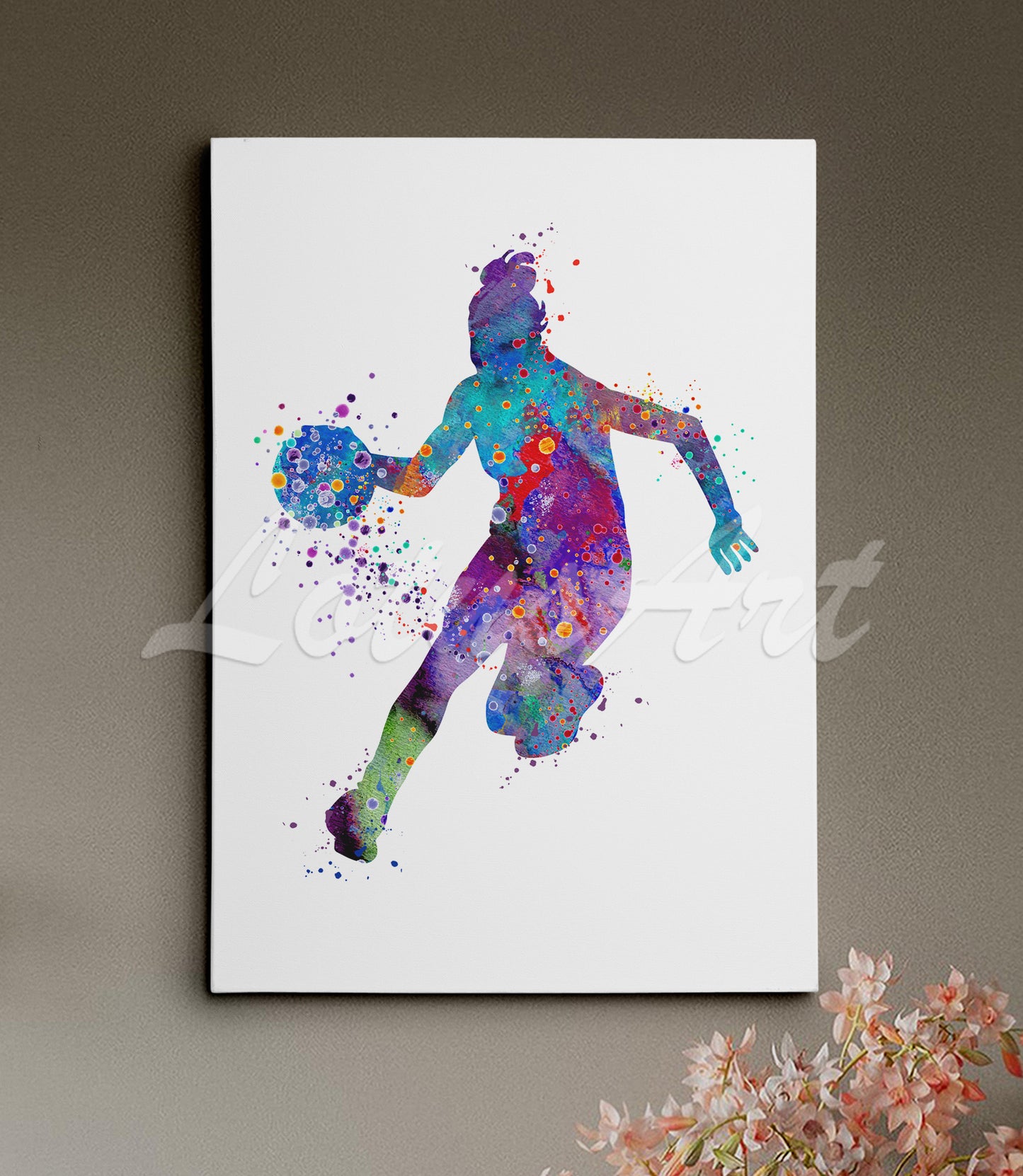 Girl basketball watercolor canvas print close-up - multicolor sports wall art stretched