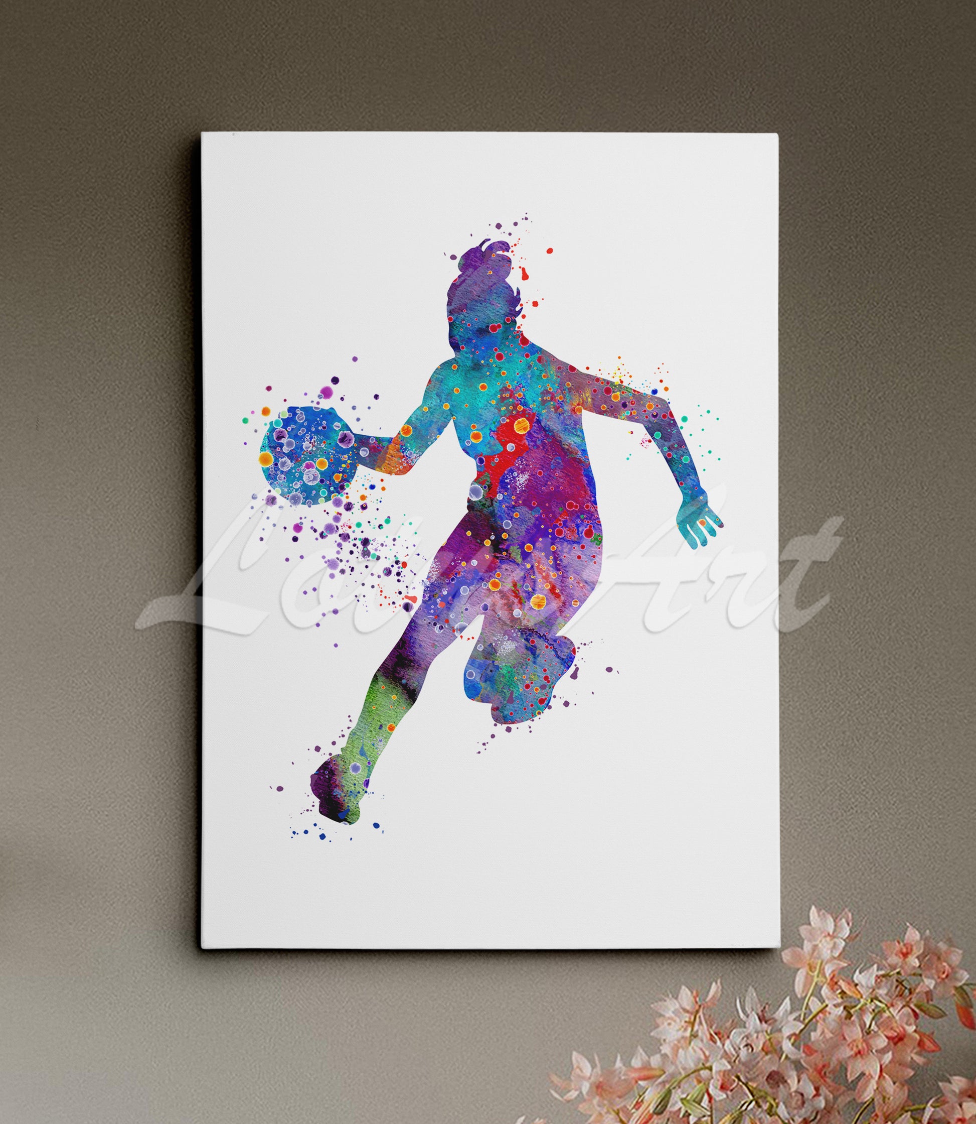 Girl basketball watercolor canvas print close-up - multicolor sports wall art stretched
