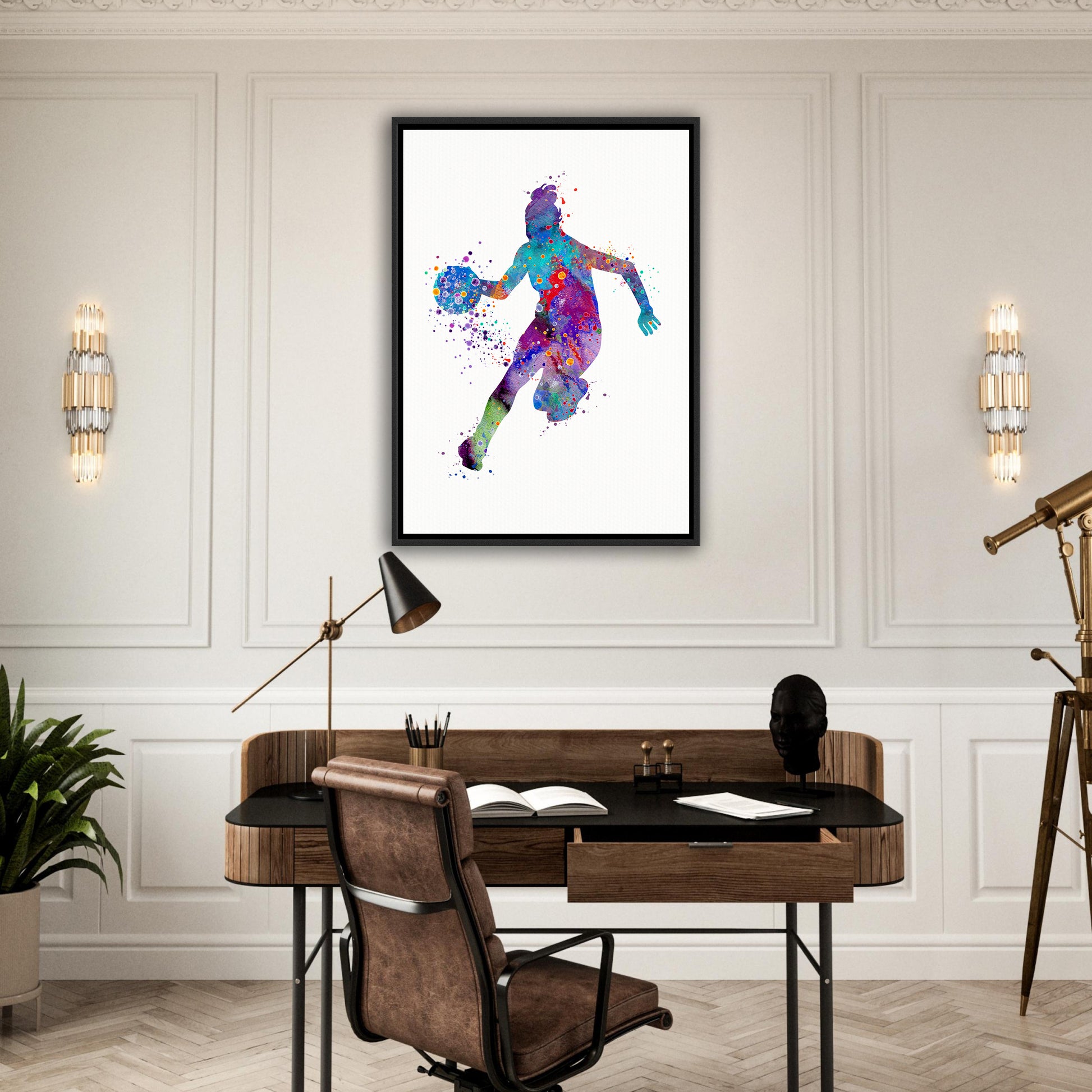 Girl basketball canvas wall art iprint n black frame - watercolor sports decor in home office