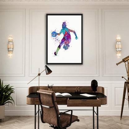 Girl basketball canvas wall art iprint n black frame - watercolor sports decor in home office