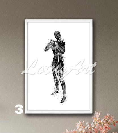 Watercolor print showing body muscles anatomy of girl boxing, black white sports medical wall art for clinic decor.