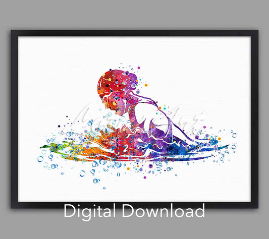 Girl breaststroke swimming watercolor print in rainbow, sports art, instant digital download for girls room & swim team decor
