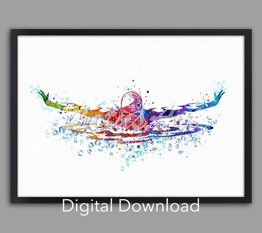 Girl butterfly swimming watercolor in rainbow, sports swimmer art, instant digital download for girls room & swim team decor