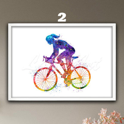 Girl cycling watercolor sports wall art print - road bike room decor in rainbow tones