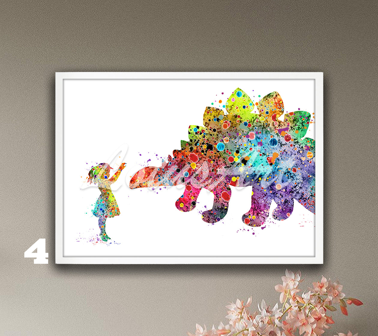 Girl and Stegosaurus Dinosaur Watercolor Print – Kids Room Decor & Nursery Wall Art