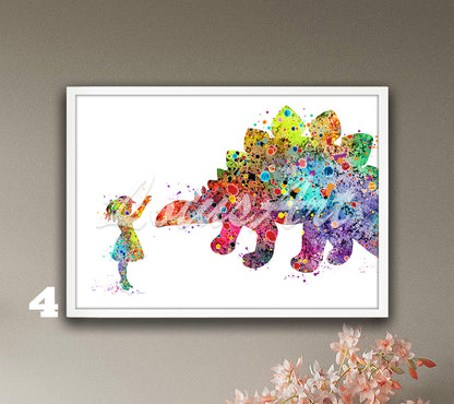 Girl and Stegosaurus Dinosaur Watercolor Print – Kids Room Decor & Nursery Wall Art