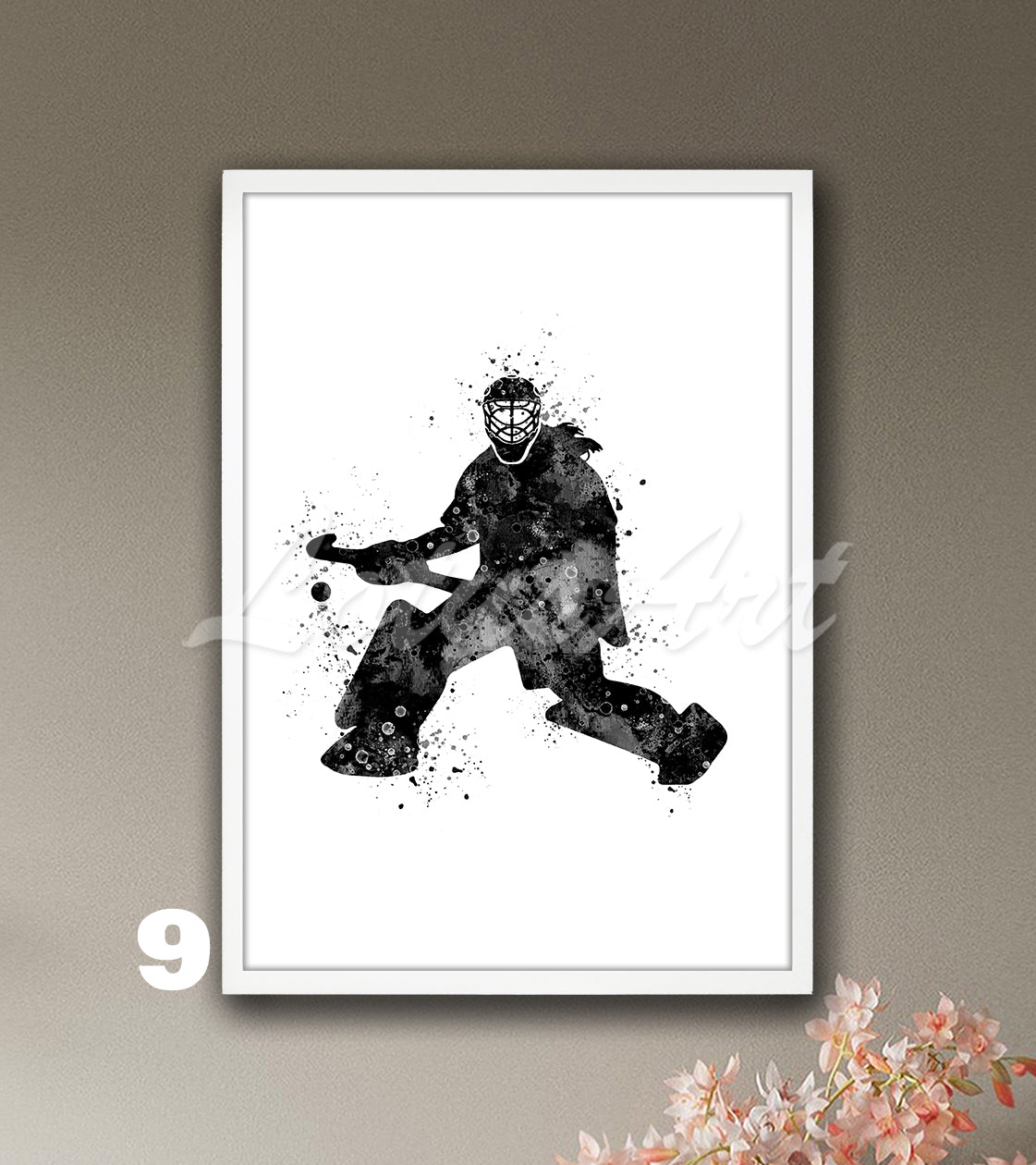 Girl field hockey goalie watercolor sports art print in black tones - minimalist kids room wall art