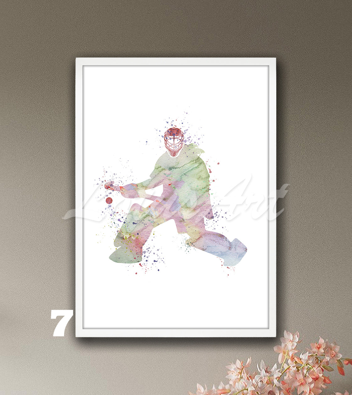 Girl field hockey goalie watercolor sports art print in pastel colors - kids room poster