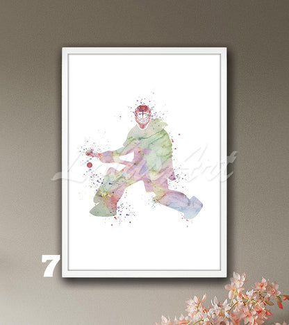 Girl field hockey goalie watercolor sports art print in pastel colors - kids room poster