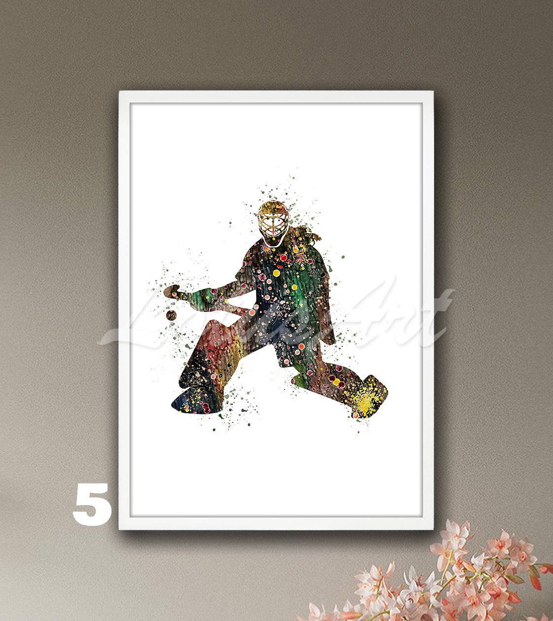 Girl field hockey goalie watercolor sports art print in brown tones - kids room wall art