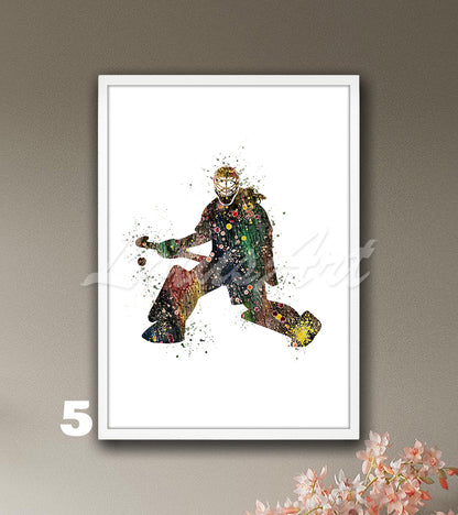 Girl field hockey goalie watercolor sports art print in brown tones - kids room wall art