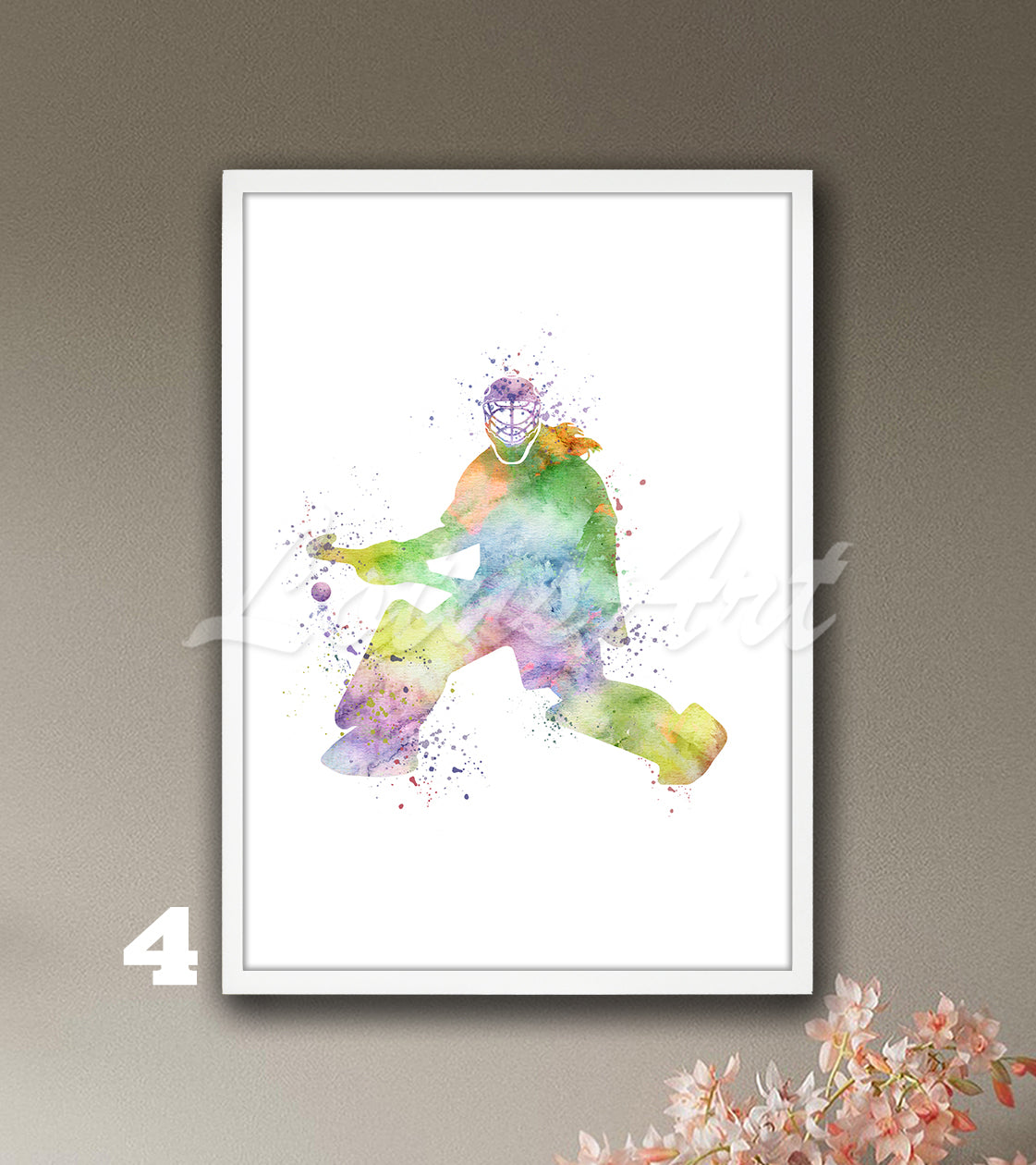 Field hockey goalie girl watercolor sports art print in pastel colors - girls room wall decor