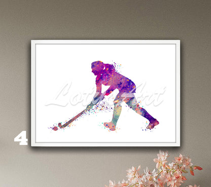 Girl field hockey player watercolor sports art print in bright purple tones - wall decor
