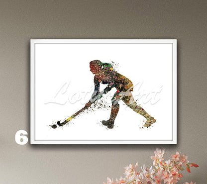 Girl field hockey player watercolor sports art print in colorful brown palette - wall decor