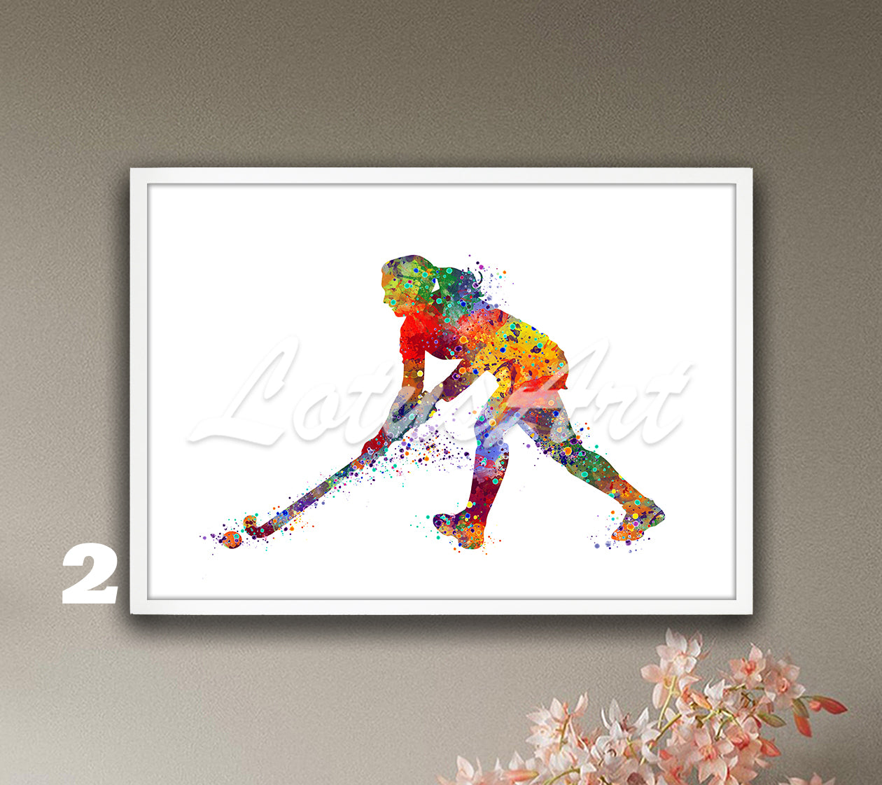 Girl field hockey player watercolor sports wall art in vibrant warm colors - girls room decor