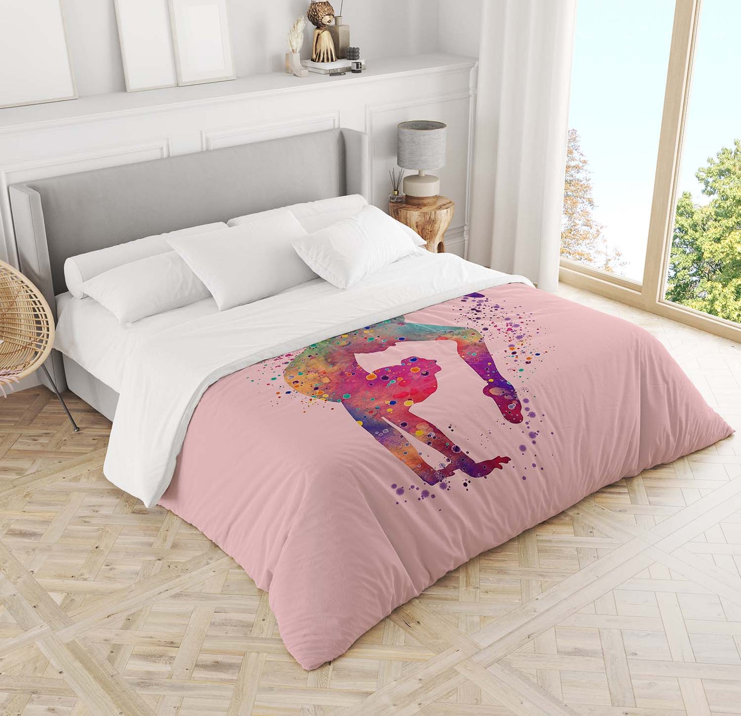 Girl gymnast comforter closeup watercolor tumbling illustration pink gymnastics bedding