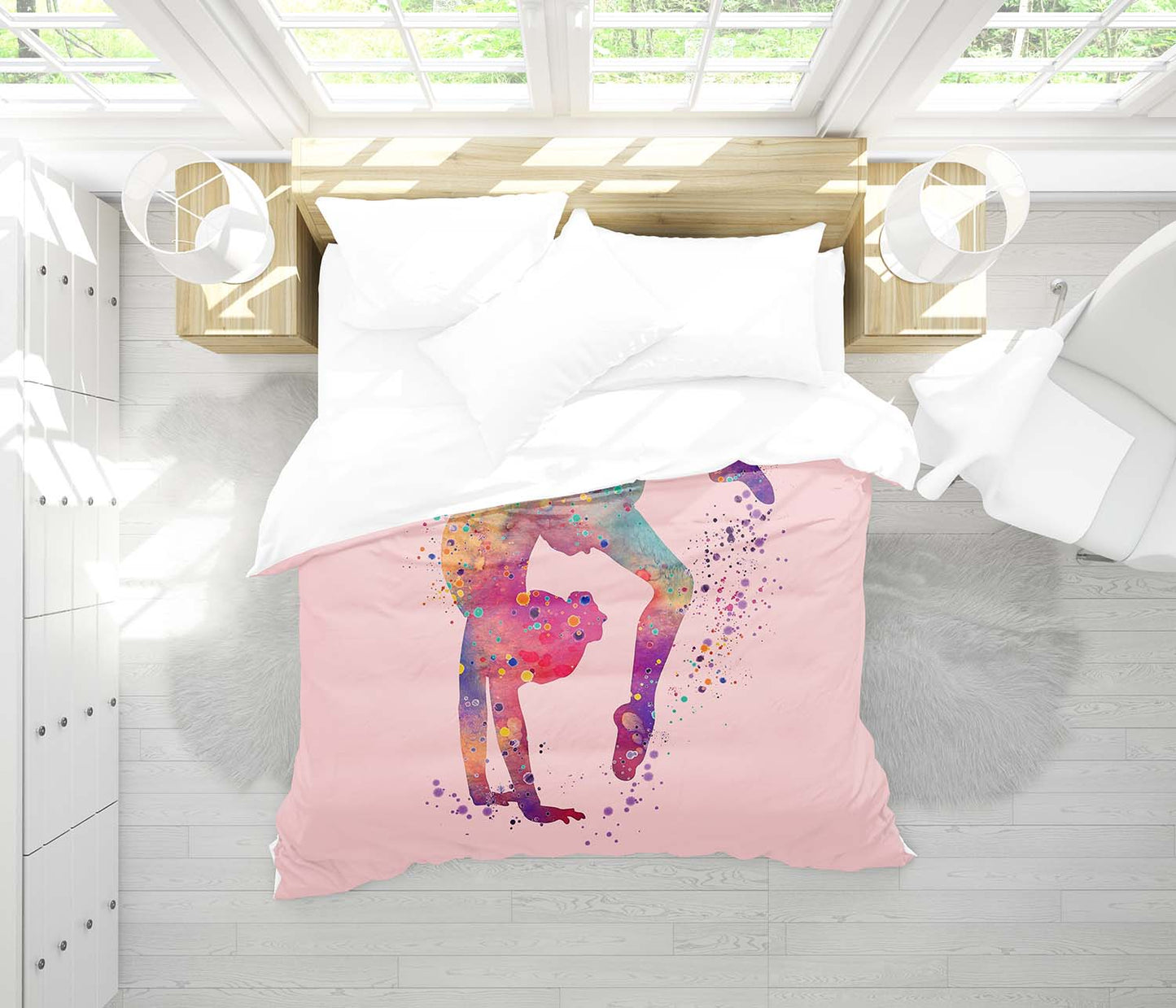 Girl gymnast comforter on queen bed, watercolor gymnastics sports bedding gift for girl athletes