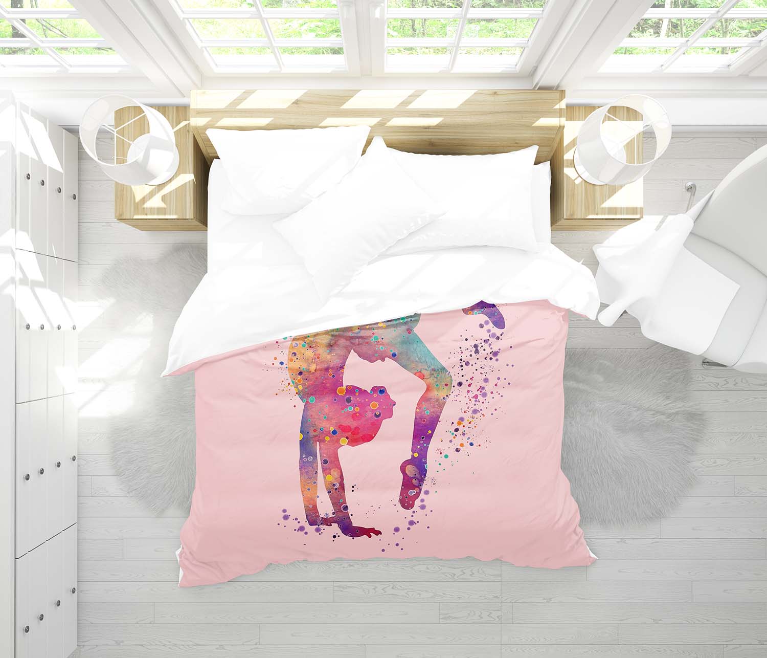 Girl gymnast comforter on queen bed, watercolor gymnastics sports bedding gift for girl athletes