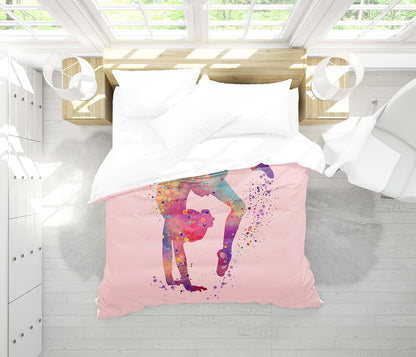 Girl gymnast comforter on queen bed, watercolor gymnastics sports bedding gift for girl athletes