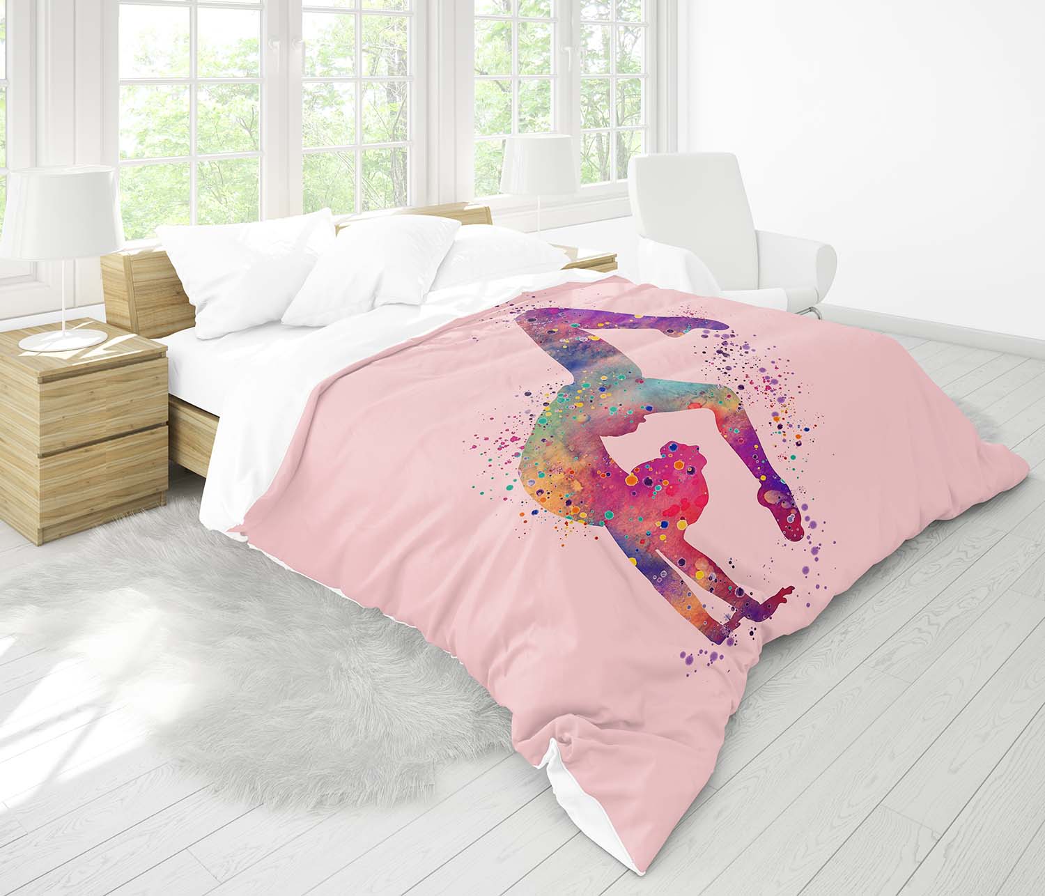 Girl gymnast comforter on twin bed, watercolor tumbling art pink sports bedding for gymnasts