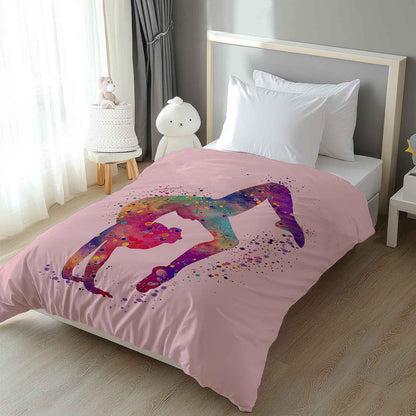 Girl gymnast comforter watercolor tumbling art sports bedding on pink background, twin queen king sizes
