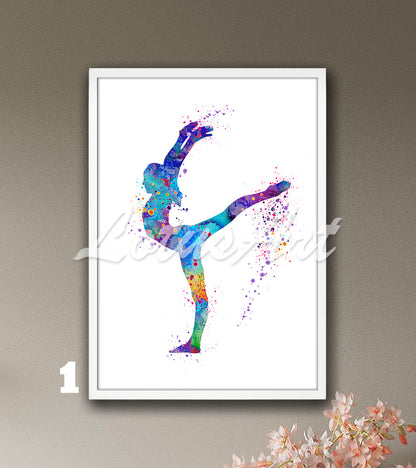 Girl gymnastics watercolor sports art print in blue tones - gymnast wall decor