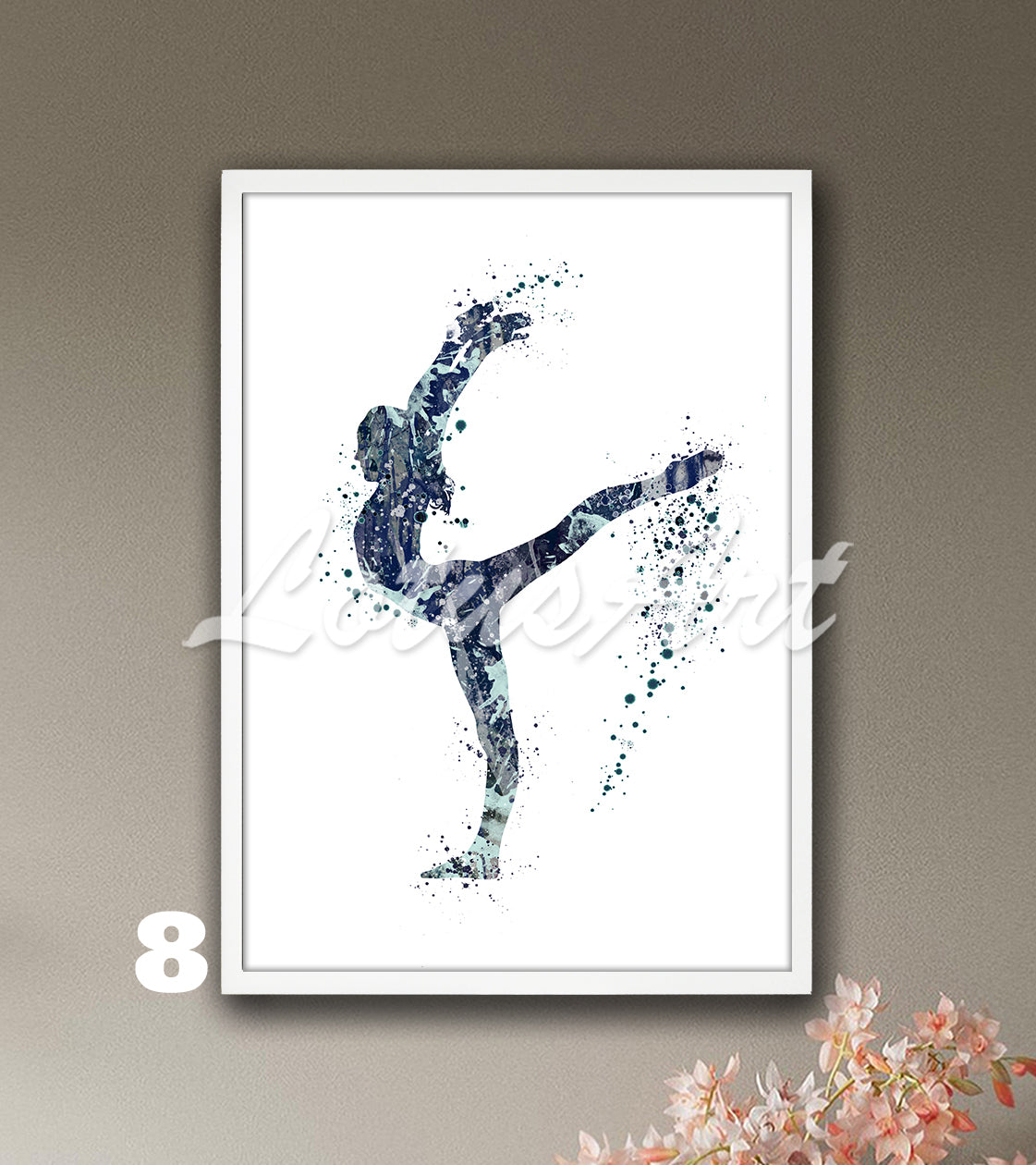 Girl gymnastics watercolor art in navy tones - gymnast sports wall decor