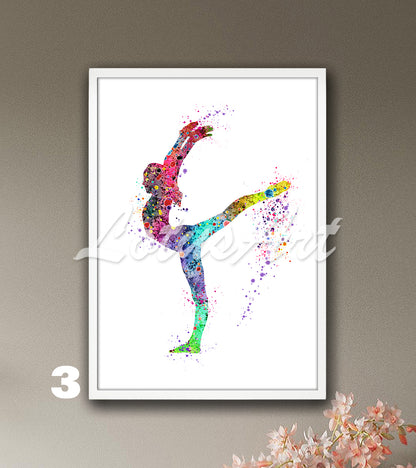 Girl gymnastics watercolor sports wall art print in rainbow tones - athlete room decor