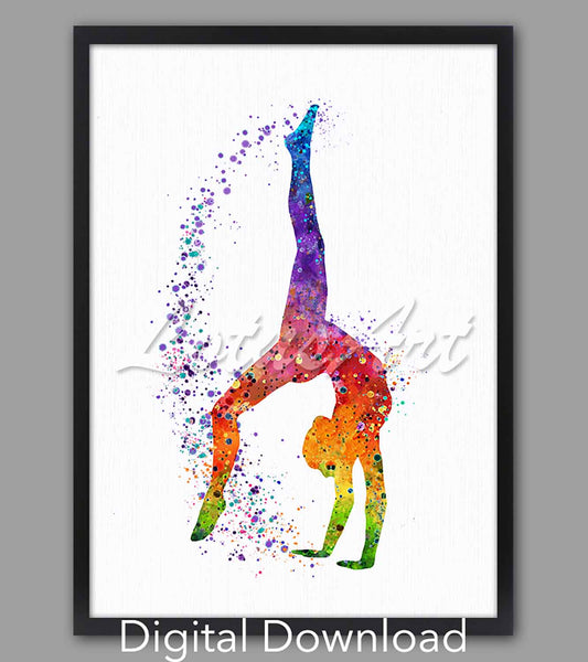 Girl gymnastics tumbling watercolor art digital download, colorful rainbow back walkover illustration, sports decor & gift