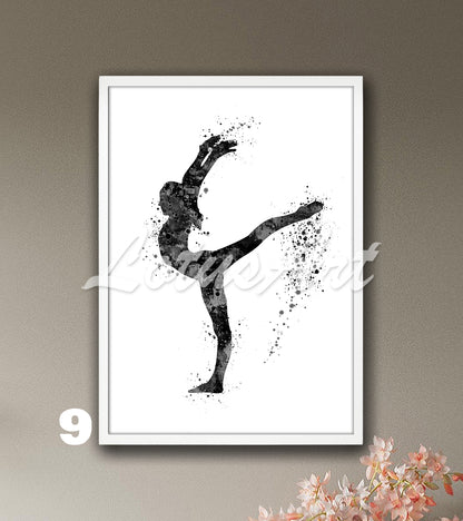 Girl gymnastics watercolor sports art in black-white - minimalist gymnast wall decor