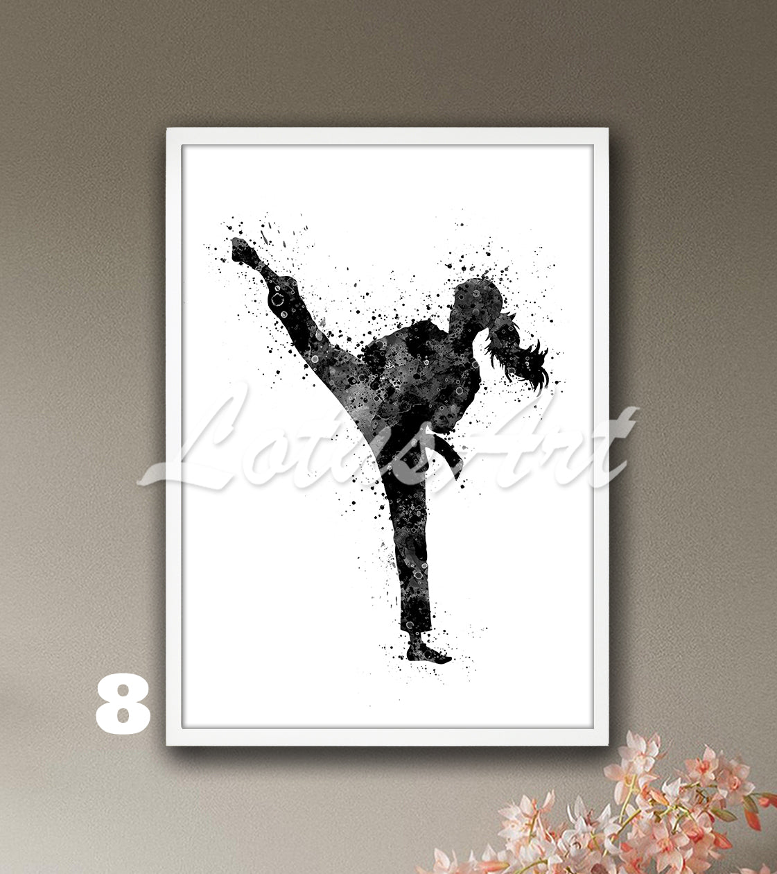Girl karate sports black and white watercolor art print - minimalist kids room wall decor