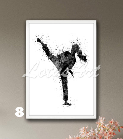 Girl karate sports black and white watercolor art print - minimalist kids room wall decor