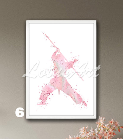 Girl karate bo staff watercolor sports wall decor in pink tones - girls room martial arts art