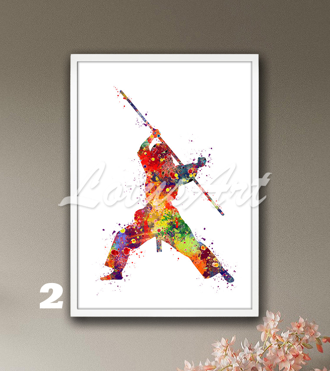 Girl karate bo staff watercolor sports art decor in vibrant colors - girls room poster