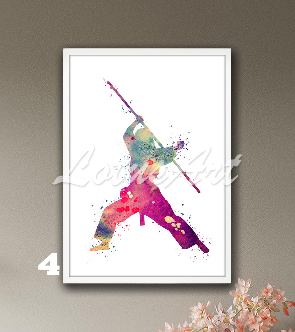 Girl karate bo staff watercolor wall decor sports print in multicolor - girls room art