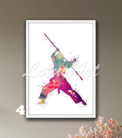 Girl karate bo staff watercolor wall decor sports print in multicolor - girls room art