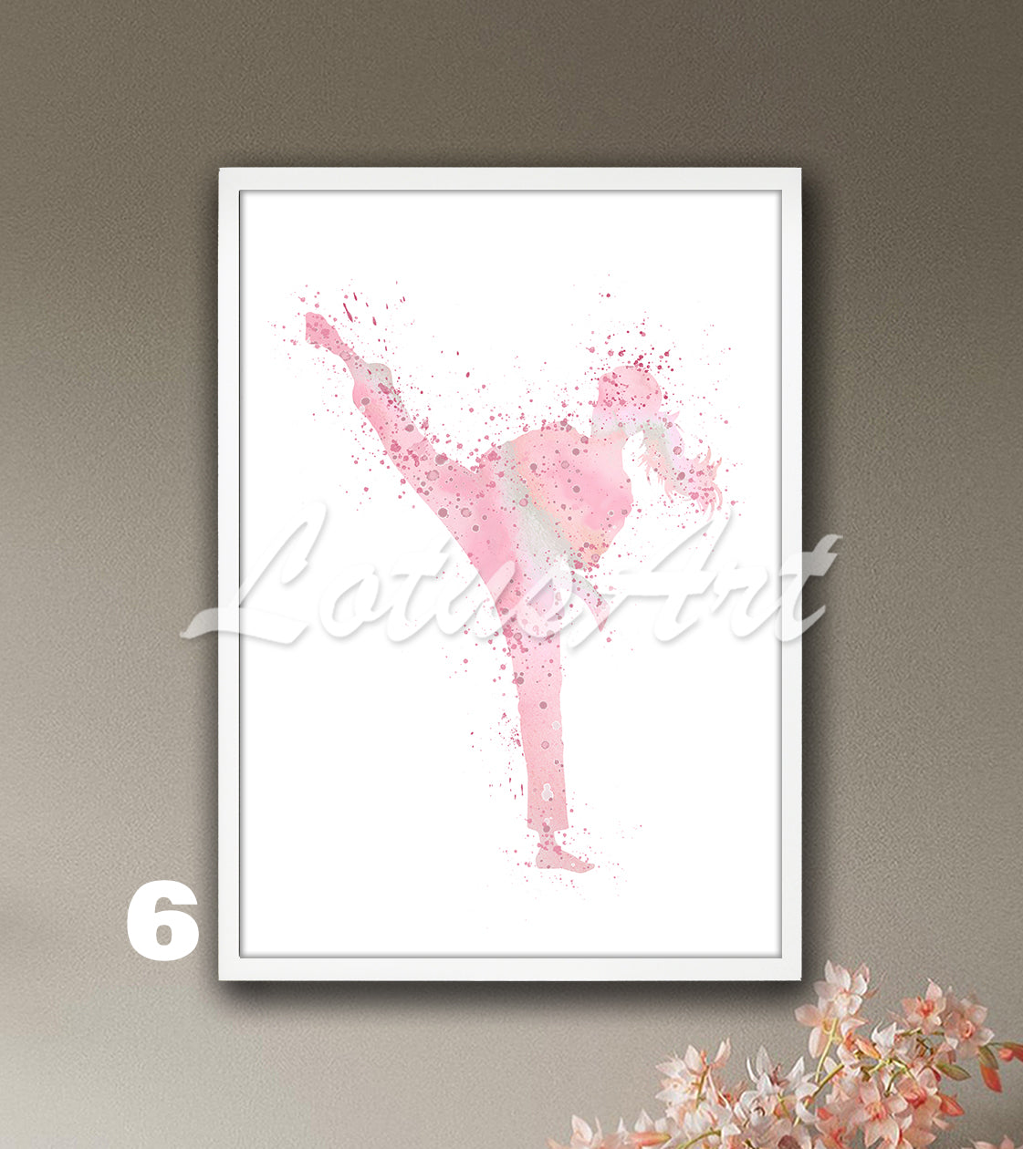 Girl karate watercolor sports art print in light pink tones - girls room decor