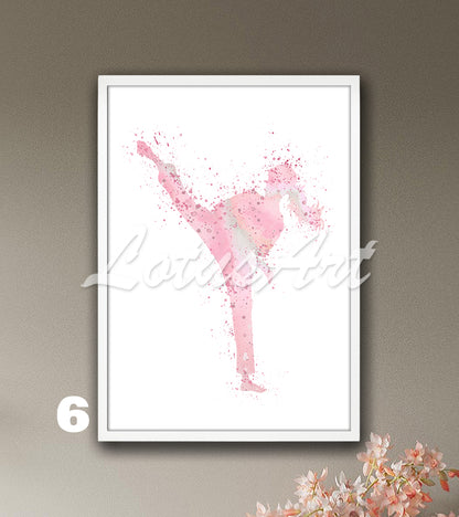 Girl karate watercolor sports art print in light pink tones - girls room decor