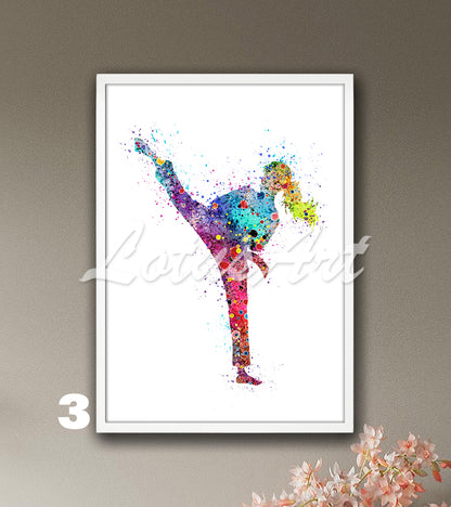 Karate Girl Watercolor Wall Art – Martial Arts Sports Decor & Gifts