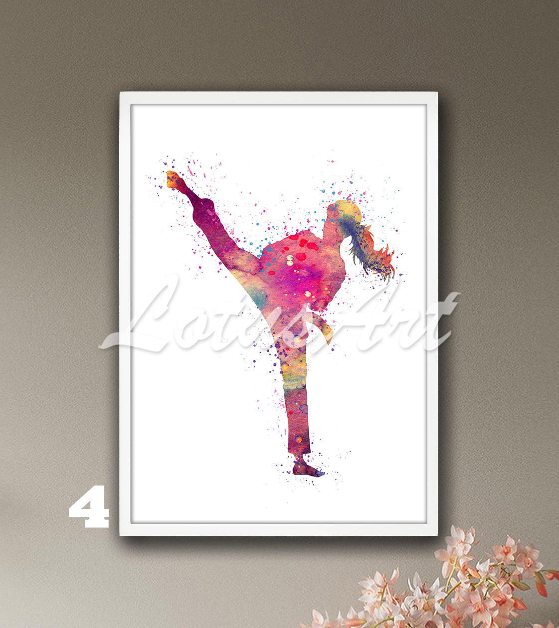 Girl karate watercolor sports art print in multicolor - girls room wall decor