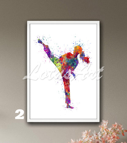 Girl karate watercolor sports art print in vibrant colors - girls room poster